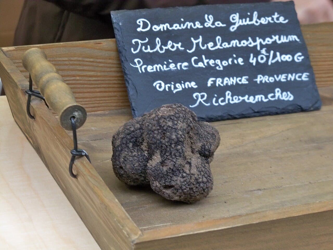 Truffe noire du Périgord (Tuber melanosporum) à surface couverte de verrues, sur un étal de marché