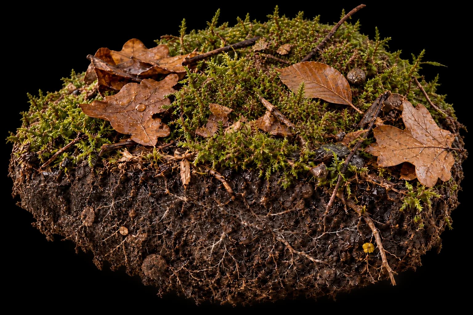 Motte de sous-bois fraîche : feuilles à peine humides, mousse terne