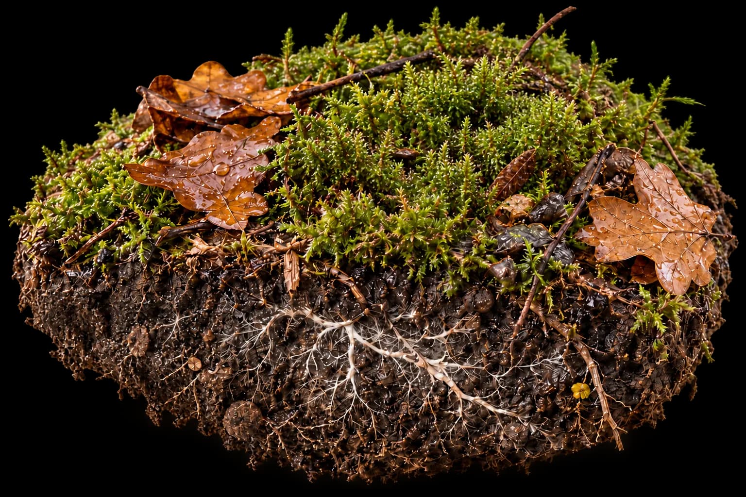 Motte de sous-bois humide : mousse gorgée d'eau, mycélium visible dans la terre