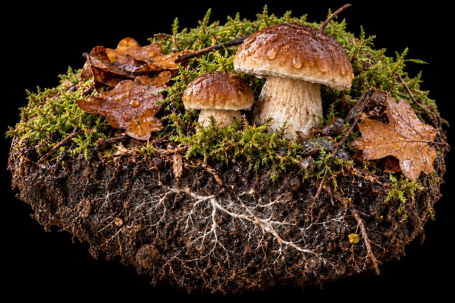 Motte de sous-bois humide d'où sortent des cèpes