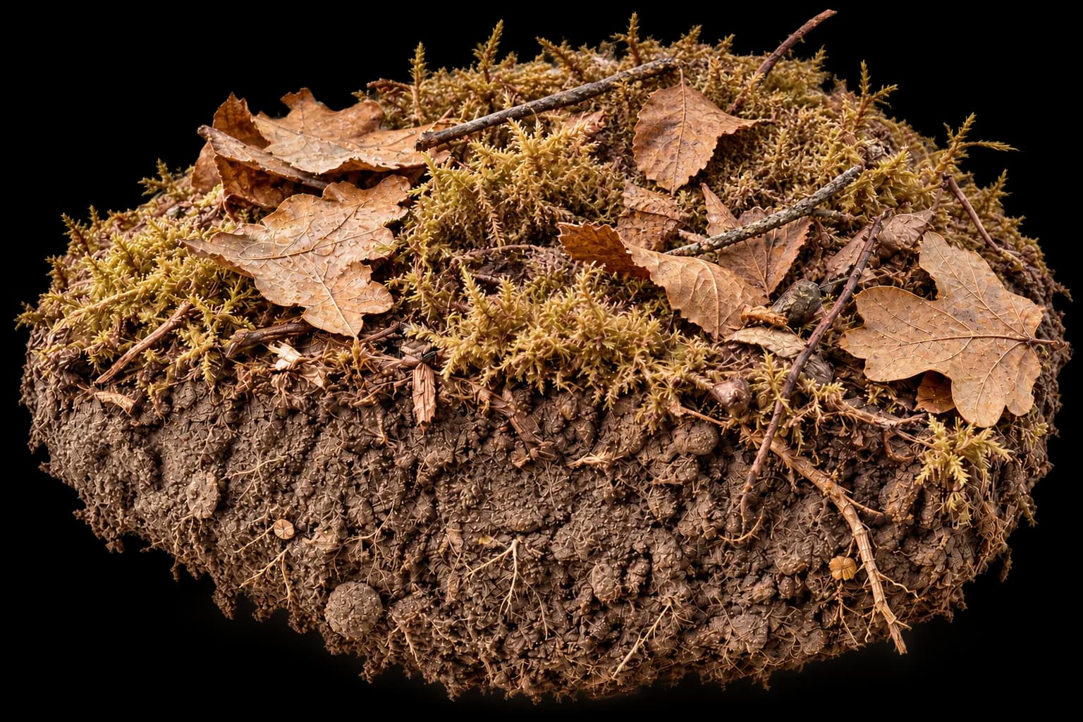 Motte de sous-bois sèche : feuilles racornies, mousse jaunie, aucune pousse