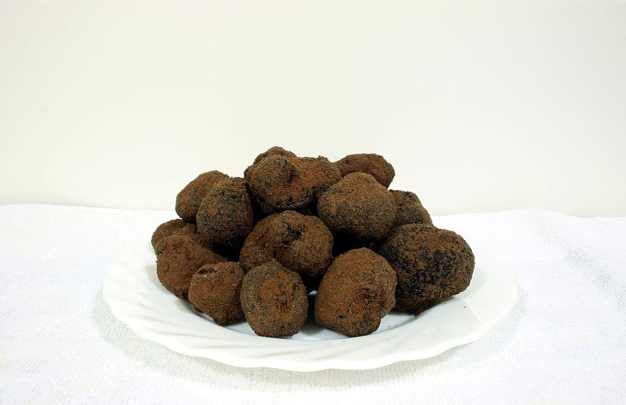Truffe noire (Tuber melanosporum) coupée, montrant la chair sombre veinée de blanc