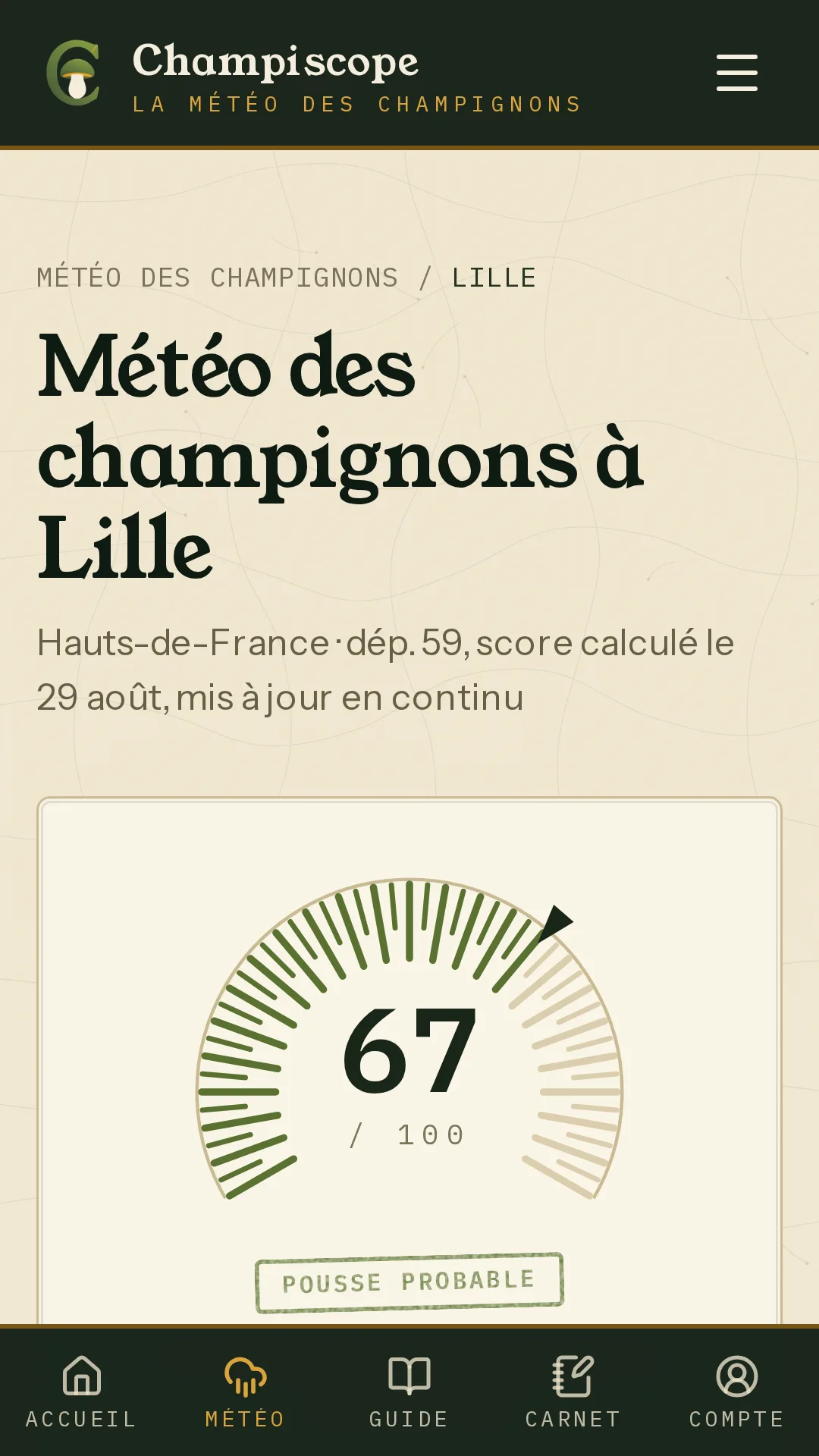 L'app Champiscope ouverte sur le score de pousse du jour